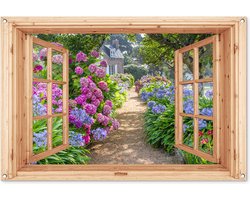 Tuinposter doorkijk bloemen - Lichtbruin raam - Tuindecoratie hortensia - 120x80 cm - Tuinschilderij voor buiten paars - Tuindoek - Wanddecoratie tuin - Schuttingdoek - Balkon decoratie - Muurdecoratie - Buitencanvas tuinversiering