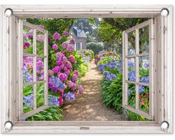 Tuinposter doorkijk bloemen - Wit raam - Tuindecoratie hortensia - 40x30 cm - Tuinschilderij voor buiten paars - Tuindoek - Wanddecoratie tuin - Schuttingdoek - Balkon decoratie - Muurdecoratie - Buitencanvas tuinversiering