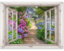 Tuinposter doorkijk bloemen - Wit raam - Tuindecoratie hortensia - 80x60 cm - Tuinschilderij voor buiten paars - Tuindoek - Wanddecoratie tuin - Schuttingdoek - Balkon decoratie - Muurdecoratie - Buitencanvas tuinversiering
