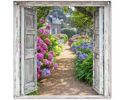 Tuinposter doorkijk deur - Bloemen - Hortensia - Paars - Natuur - Zomer - Tuindecoratie - Tuin - Tuinschilderij voor buiten - Tuinposters - 100x100 cm - Tuindoek - Schutting decoratie - Schuttingdoek