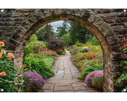 Tuinposter doorkijk - Natuur - Bloemen - Pad - Schutting decoratie - Balkon versiering - Tuinaccessoires voor aan de muur - Tuindecoratie buiten - Tuinposters - 105x70 cm