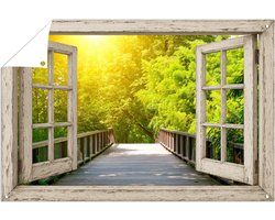 Tuinposter doorkijk - Open raam en brug - Buiten poster - Schutting wanddecoratie - Tuinaccessoires - Tuinposter 150x100 cm