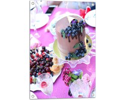 Tuinposter – Feestelijke Tafel met Hapjes en Drankjes - 50x75 cm Foto op Tuinposter (wanddecoratie voor buiten en binnen)