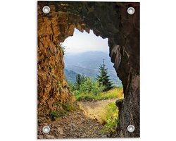 Tuinposter – Grot met Uitzicht op Berglandschap - 30x40cm Foto op Tuinposter  (wanddecoratie voor buiten en binnen)