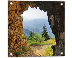 Tuinposter – Grot met Uitzicht op Berglandschap - 50x50cm Foto op Tuinposter  (wanddecoratie voor buiten en binnen)