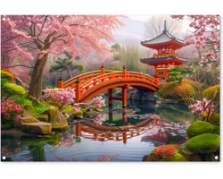 Tuinposter Japanse tuin - Tuindecoratie Japan - 120x80 cm - Wanddecoratie voor buiten - Schutting decoratie sakura - Buitenposter kersenbloesem - Schuttingdoek natuur park - Tuindoeken - Tuin doek - Balkon poster