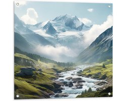 Tuinposter – Rivier - Water - Stenen - Landschap - Bergen - Sneeuw - Wolken - 80x80 cm Foto op Tuinposter (wanddecoratie voor buiten en binnen)