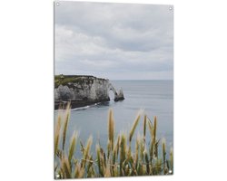 Tuinposter – Smalle Groene Planten op Hoge Berg met Uitzicht over Zee - 80x120 cm Foto op Tuinposter (wanddecoratie voor buiten en binnen)