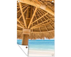 Tuinposter - Strand - Parasol - Riet - Zee - Tropical - 120x180 cm - Tuinposter buiten - Wanddecoratie - Tuindecoratie - Muurdecoratie - Tuindoek - Buitenposter