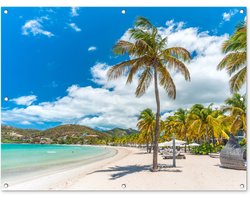 Tuinposter - Tuindoek - Tuinposters buiten - Strand - Ligbed - Palmbomen - 120x90 cm - Tuin
