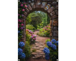 Tuinposters poort - Tuinposter doorkijk bloemen - Planten - Buiten - Schutting poster - Decoratie tuin - 70x105 cm