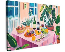 Tuinschilderij 150x100 cm Room Decor Kamer Decoratie Terras Wanddecoratie Wall Balkon Decoration Canvas Muur Art Painting Tafel - Wijn - Fruit
