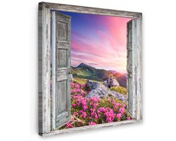 Tuinschilderij voor buiten 100x100 cm - Tuindecoratie Bergen - Landschap - Doorkijk - Bloemen - Tuinposter op canvas - Tuin muurdecoratie - Buitenschilderij decoratie - Schutting wanddecoratie - Buitencanvas