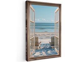 Tuinschilderij voor buiten 100x150 cm - Tuindecoratie Doorkijk - Strandstoelen - Duinen - Zee - Natuur - Tuinposter op canvas - Tuin muurdecoratie - Buitenschilderij decoratie - Schutting wanddecoratie - Buitencanvas