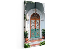 Tuinschilderij voor buiten 100x200 cm - Tuindecoratie Zuilen - Sierlijke - Deur - Blauw - Tuinposter op canvas - Tuin muurdecoratie - Buitenschilderij decoratie - Schutting wanddecoratie - Buitencanvas