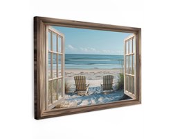 Tuinschilderij voor buiten 120x80 cm - Tuindecoratie Doorkijk - Strandstoelen - Duinen - Zee - Natuur - Tuinposter op canvas - Tuin muurdecoratie - Buitenschilderij decoratie - Schutting wanddecoratie - Buitencanvas