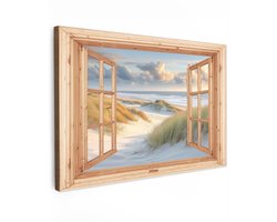 Tuinschilderij voor buiten 120x80 cm - Tuindecoratie Strand - Doorkijk - Duinen - Helmgras - Waddenzee - Lichtbruin raam - Tuinposter op canvas - Tuin muurdecoratie - Buitenschilderij decoratie - Schutting wanddecoratie - Buitencanvas