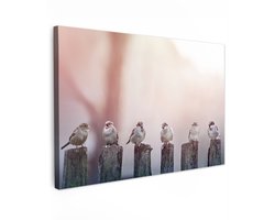 Tuinschilderij voor buiten 120x80 cm - Tuindecoratie Vogels - Mussen - Paaltjes - Hout - Tuinposter op canvas - Tuin muurdecoratie - Buitenschilderij decoratie - Schutting wanddecoratie - Buitencanvas