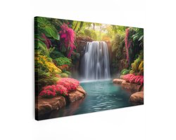 Tuinschilderij voor buiten 120x80 cm - Tuindecoratie Waterval - Natuur - Planten - Jungle - Water - Tuinposter op canvas - Tuin muurdecoratie - Buitenschilderij decoratie - Schutting wanddecoratie - Buitencanvas