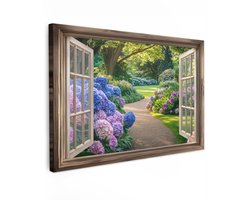 Tuinschilderij voor buiten 150x100 cm - Tuindecoratie Doorkijk - Tuin - Raam - Hortensia - Bloemen - Tuinposter op canvas - Tuin muurdecoratie - Buitenschilderij decoratie - Schutting wanddecoratie - Buitencanvas