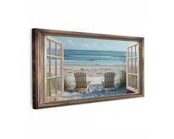 Tuinschilderij voor buiten 200x100 cm - Tuindecoratie Doorkijk - Strandstoelen - Duinen - Zee - Natuur - Tuinposter op canvas - Tuin muurdecoratie - Buitenschilderij decoratie - Schutting wanddecoratie - Buitencanvas