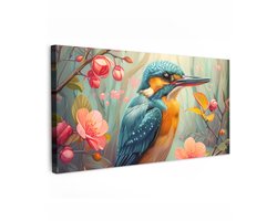 Tuinschilderij voor buiten 200x100 cm - Tuindecoratie IJsvogel - Bloesem - Natuur - Vogels - Bloemen - Tuinposter op canvas - Tuin muurdecoratie - Buitenschilderij decoratie - Schutting wanddecoratie - Buitencanvas