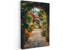 Tuinschilderij voor buiten 40x60 cm - Tuindecoratie Doorkijk - Bloemen - Poort - Stenen - Tuinposter op canvas - Tuin muurdecoratie - Buitenschilderij decoratie - Schutting wanddecoratie - Buitencanvas