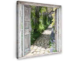 Tuinschilderij voor buiten 50x50 cm - Tuindecoratie Doorkijk - Bos - Stenen - Lente - Tuinposter op canvas - Tuin muurdecoratie - Buitenschilderij decoratie - Schutting wanddecoratie - Buitencanvas