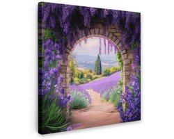 Tuinschilderij voor buiten 50x50 cm - Tuindecoratie Doorkijk - Lavendel - Bloemen - Paars - Poort - Tuinposter op canvas - Tuin muurdecoratie - Buitenschilderij decoratie - Schutting wanddecoratie - Buitencanvas