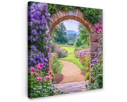 Tuinschilderij voor buiten 50x50 cm - Tuindecoratie Doorkijk - Poort - Bloemen - Tuin - Tuinposter op canvas - Tuin muurdecoratie - Buitenschilderij decoratie - Schutting wanddecoratie - Buitencanvas