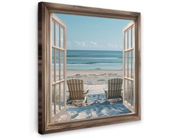 Tuinschilderij voor buiten 50x50 cm - Tuindecoratie Doorkijk - Strandstoelen - Duinen - Zee - Natuur - Tuinposter op canvas - Tuin muurdecoratie - Buitenschilderij decoratie - Schutting wanddecoratie - Buitencanvas