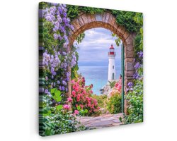 Tuinschilderij voor buiten 50x50 cm - Tuindecoratie Doorkijk - Vuurtoren - Bloemen - Uitzicht - Tuinposter op canvas - Tuin muurdecoratie - Buitenschilderij decoratie - Schutting wanddecoratie - Buitencanvas