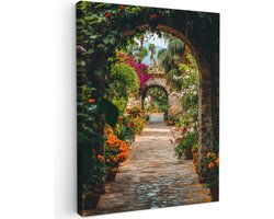 Tuinschilderij voor buiten 50x70 cm - Tuindecoratie Doorkijk - Bloemen - Poort - Stenen - Tuinposter op canvas - Tuin muurdecoratie - Buitenschilderij decoratie - Schutting wanddecoratie - Buitencanvas