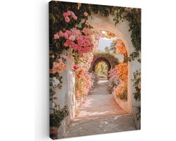 Tuinschilderij voor buiten 50x70 cm - Tuindecoratie Doorkijk - Boog - Bloemen - Pastel - Tuinposter op canvas - Tuin muurdecoratie - Buitenschilderij decoratie - Schutting wanddecoratie - Buitencanvas