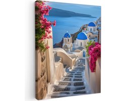 Tuinschilderij voor buiten 50x70 cm - Tuindecoratie Santorini - Bloemen - Griekenland - Tuinposter op canvas - Tuin muurdecoratie - Buitenschilderij decoratie - Schutting wanddecoratie - Buitencanvas