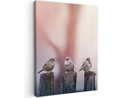 Tuinschilderij voor buiten 50x70 cm - Tuindecoratie Vogels - Mussen - Paaltjes - Hout - Tuinposter op canvas - Tuin muurdecoratie - Buitenschilderij decoratie - Schutting wanddecoratie - Buitencanvas