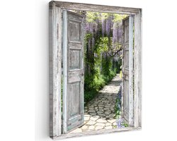 Tuinschilderij voor buiten 60x80 cm - Tuindecoratie Doorkijk - Bos - Stenen - Lente - Tuinposter op canvas - Tuin muurdecoratie - Buitenschilderij decoratie - Schutting wanddecoratie - Buitencanvas