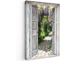 Tuinschilderij voor buiten 60x90 cm - Tuindecoratie Doorkijk - Bos - Stenen - Lente - Tuinposter op canvas - Tuin muurdecoratie - Buitenschilderij decoratie - Schutting wanddecoratie - Buitencanvas