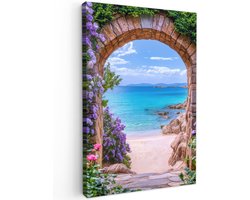 Tuinschilderij voor buiten 60x90 cm - Tuindecoratie Doorkijk - Poort - Zee - Strand - Rotsen - Tuinposter op canvas - Tuin muurdecoratie - Buitenschilderij decoratie - Schutting wanddecoratie - Buitencanvas