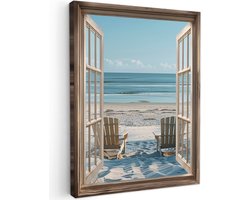 Tuinschilderij voor buiten 70x100 cm - Tuindecoratie Doorkijk - Strandstoelen - Duinen - Zee - Natuur - Tuinposter op canvas - Tuin muurdecoratie - Buitenschilderij decoratie - Schutting wanddecoratie - Buitencanvas