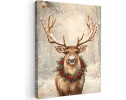 Tuinschilderij voor buiten 70x100 cm - Tuindecoratie Kerst - Rendier - Winter - Krans - Tuinposter op canvas - Tuin muurdecoratie - Buitenschilderij decoratie - Schutting wanddecoratie - Buitencanvas