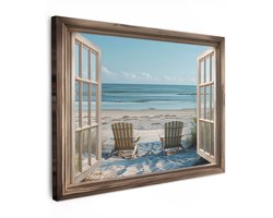 Tuinschilderij voor buiten 70x50 cm - Tuindecoratie Doorkijk - Strandstoelen - Duinen - Zee - Natuur - Tuinposter op canvas - Tuin muurdecoratie - Buitenschilderij decoratie - Schutting wanddecoratie - Buitencanvas