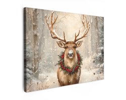 Tuinschilderij voor buiten 70x50 cm - Tuindecoratie Kerst - Rendier - Winter - Krans - Tuinposter op canvas - Tuin muurdecoratie - Buitenschilderij decoratie - Schutting wanddecoratie - Buitencanvas