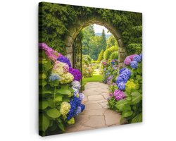 Tuinschilderij voor buiten 80x80 cm - Tuindecoratie Doorkijk - Poort - Hortensia - Bloementuin - Tuinposter op canvas - Tuin muurdecoratie - Buitenschilderij decoratie - Schutting wanddecoratie - Buitencanvas