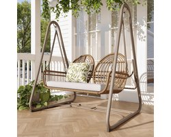 Tuinschommel - Dubbele Schommelbank - Schommelstoel - Tuin - Schommel - 2 Personen - Buiten/Binnen - met Rugleuning – PE Rattan & Metalen Frame – Beige/Geel