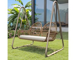 Tuinschommel - Dubbele Schommelbank - Schommelstoel - Tuin - Schommel - 2 Personen - Buiten/Binnen - met Rugleuning – PE Rattan & Metalen Frame – Beige/Geel