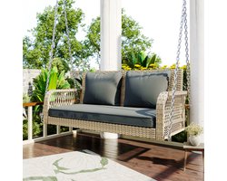 Tuinschommel, Tuinmeubelset voor buiten, Beige rotan, Grijs zitkussen, 2 zitplaatsen, met zitkussen en rugkussen, afneembaar en wasbaar