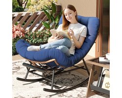 Tuinschommelstoelen - Extra grote Papasan-schommelstoel voor op het terras met gewatteerd kussen en metalen frame - Comfortabele rieten leesstoel met uitschuifbare voetsteun - 175 × 98 × 86 cm - Koningsblauw