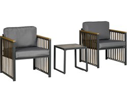 Tuinset, 3-delig, inclusief zitkussen, houtdecor, roestvrij metalen frame, Grijs