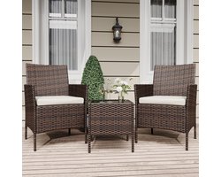 Tuinset 3-delig - Lounge Set met Rotan Fauteuils en Kussens voor 2 Personen - Balkonset met Glazen Salontafel - voor Terras en Tuin - Bruin + Beige